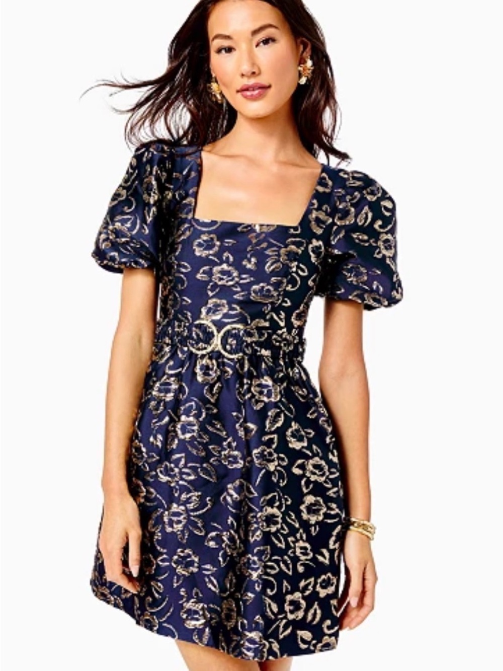 Lilly Pulitzer Kasslyn Navy Gold Puff Floral Brocade Party Pocket Dress Sz 4 NWT